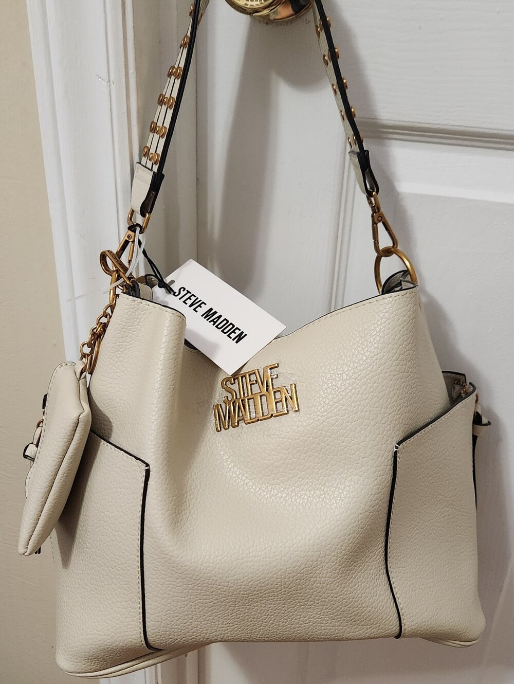 Steve Madden Ivory Pebbled Leather Shoulder Bag with Gold Accents NWT